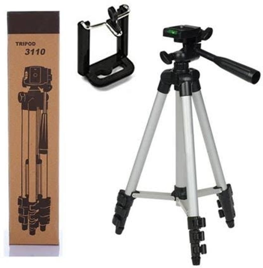 Tripod 3110 Portable Camera Stand with Phone Mount, Adjustable Height, Lightweight Aluminum, Silver and Black
